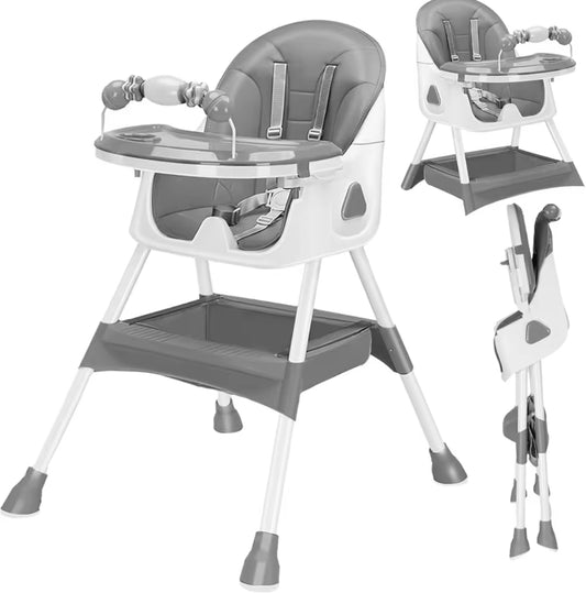 Multi-functional high chair with tray and seat cover, shown in various angles on a white background.