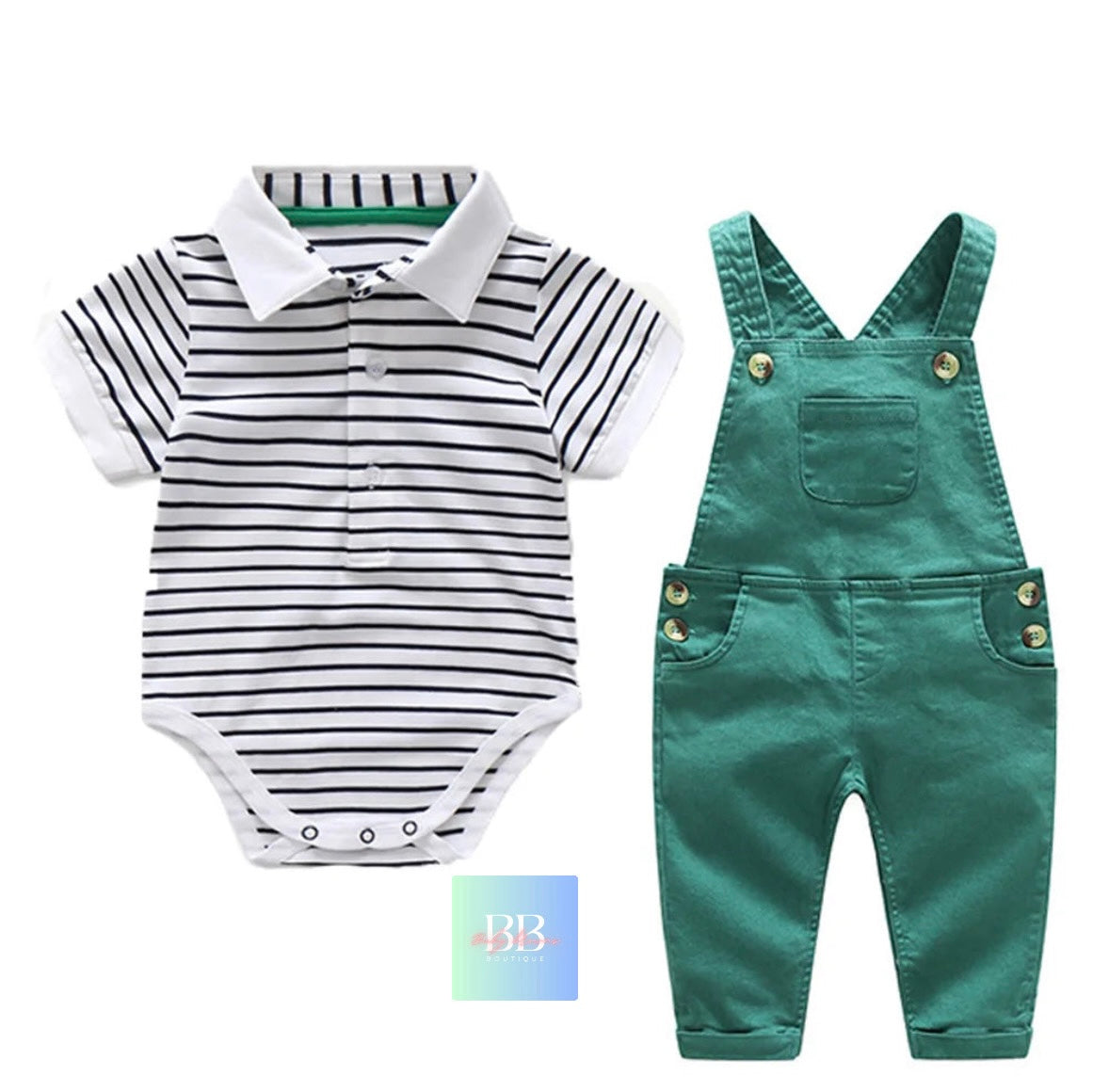 Baby/Toddler Boy Dungarees & Strip Romper with Collar. 3-24M