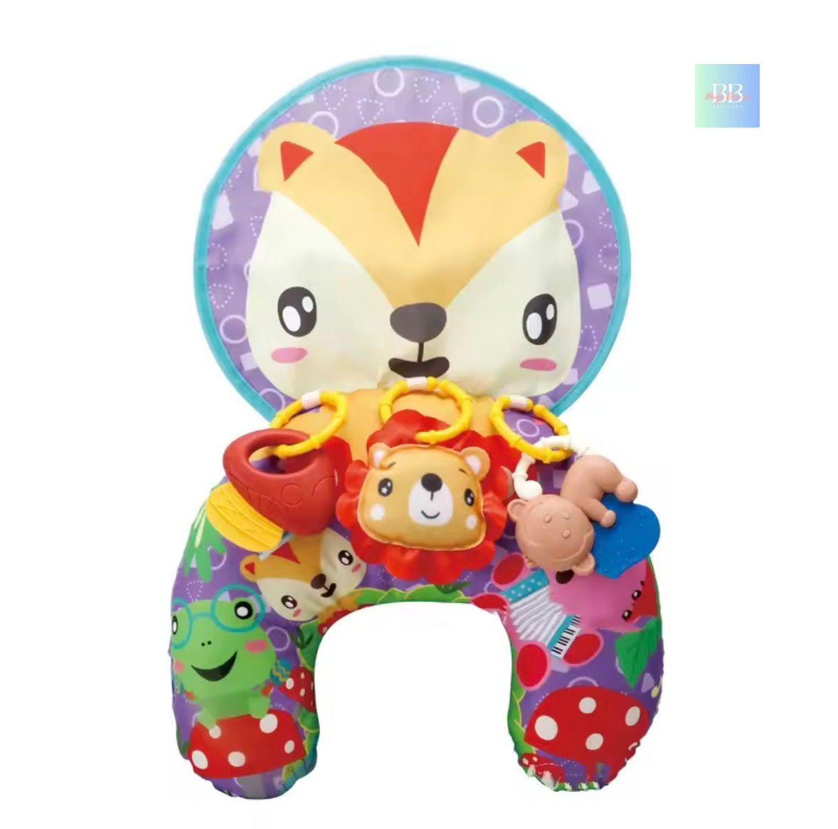 Colorful baby toy with animal designs on a white background