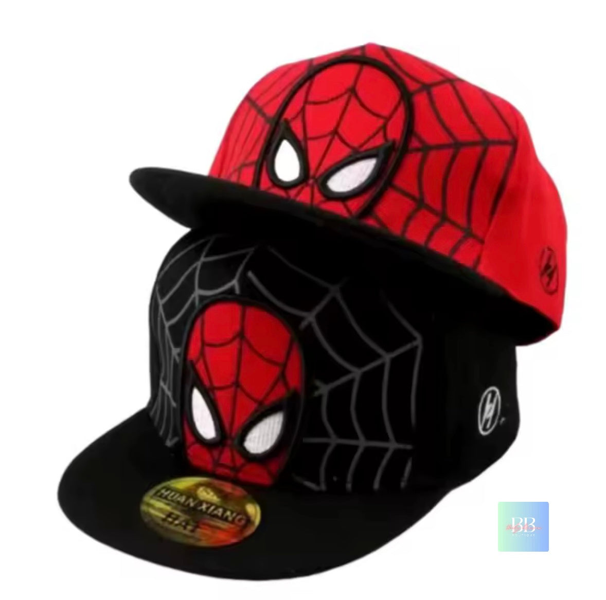 Two Spider-Man themed hats, one red and one black, on a white background.