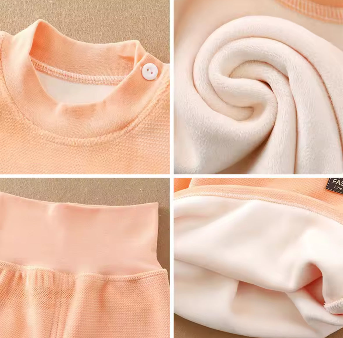 Collage of close-up images of peach-colored fabric with a button and texture details.