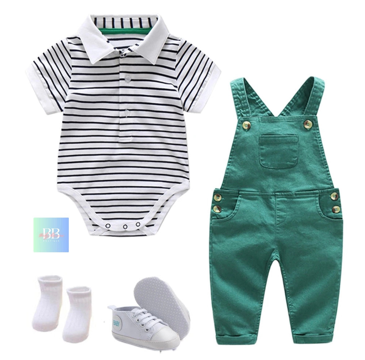 Baby/Toddler Boy Dungarees & Strip Romper with Collar. 3-24M