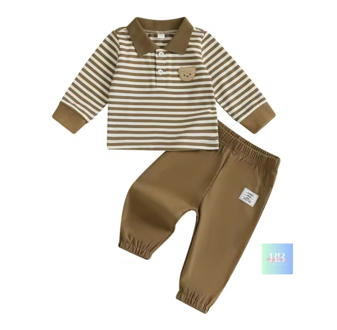 Children's outfit with striped shirt and brown pants on a white background