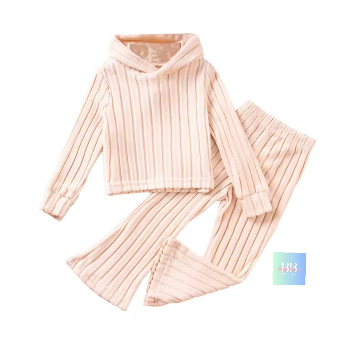 Beige ribbed sweater and pants set on a white background