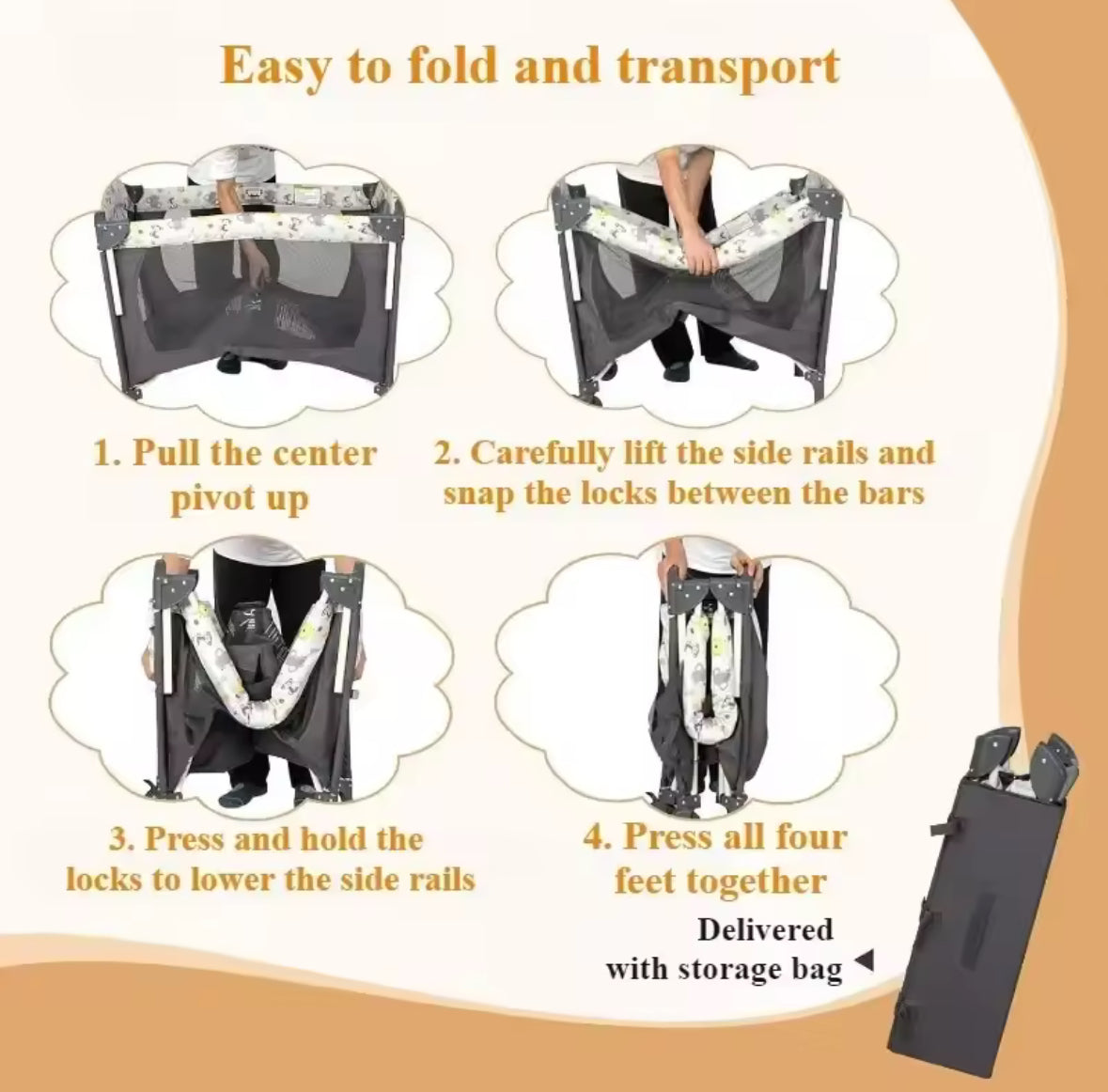 Instructions for folding and transporting a portable crib with illustrations and text.
