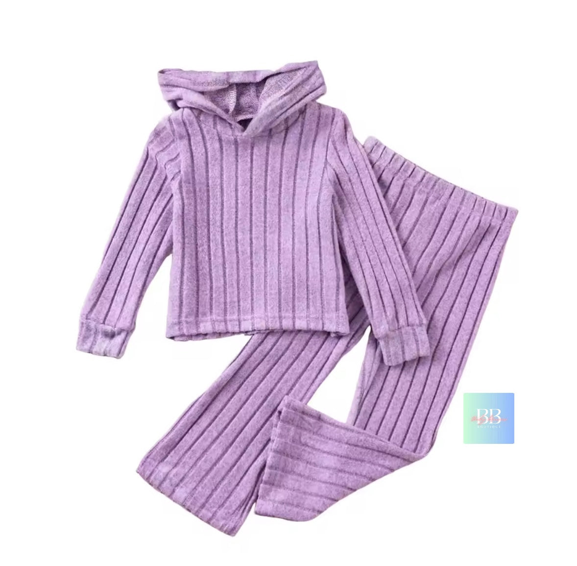 Purple ribbed hoodie and pants set on a white background