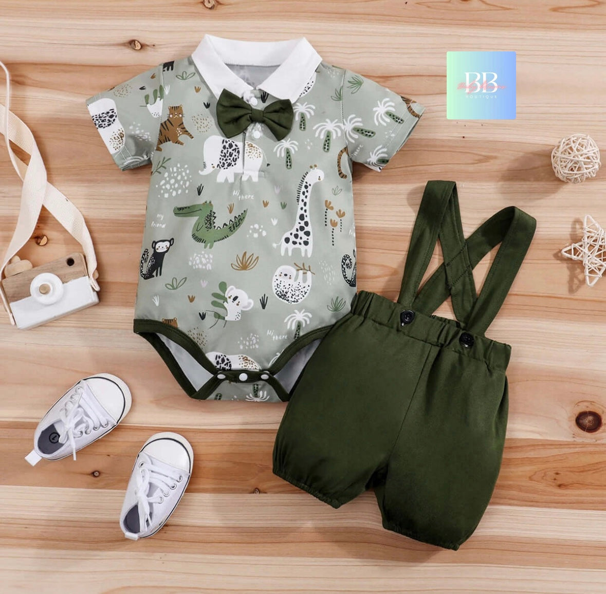 Baby/Toddler Dungaree Shorts & Romper Bodysuit with Bow Tie Boys Set. 0-18 Months