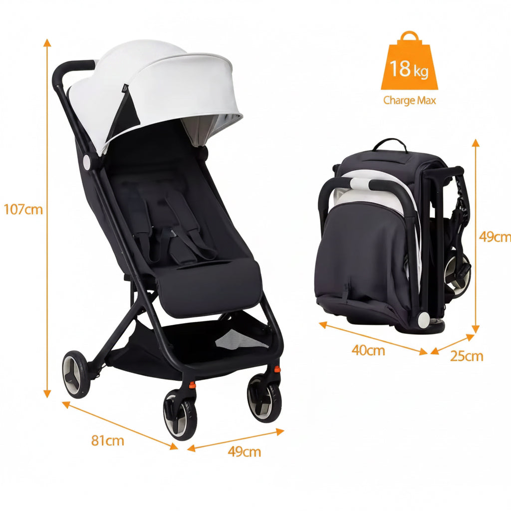Black baby stroller with white canopy and backpack, showing dimensions and weight capacity on a beige background.