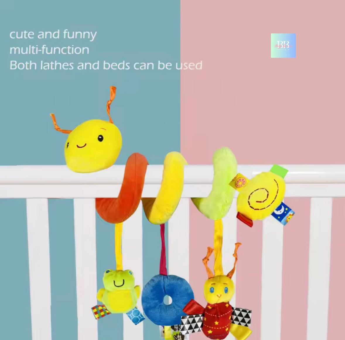 Colorful baby mobile with hanging toys on a crib against a pastel background