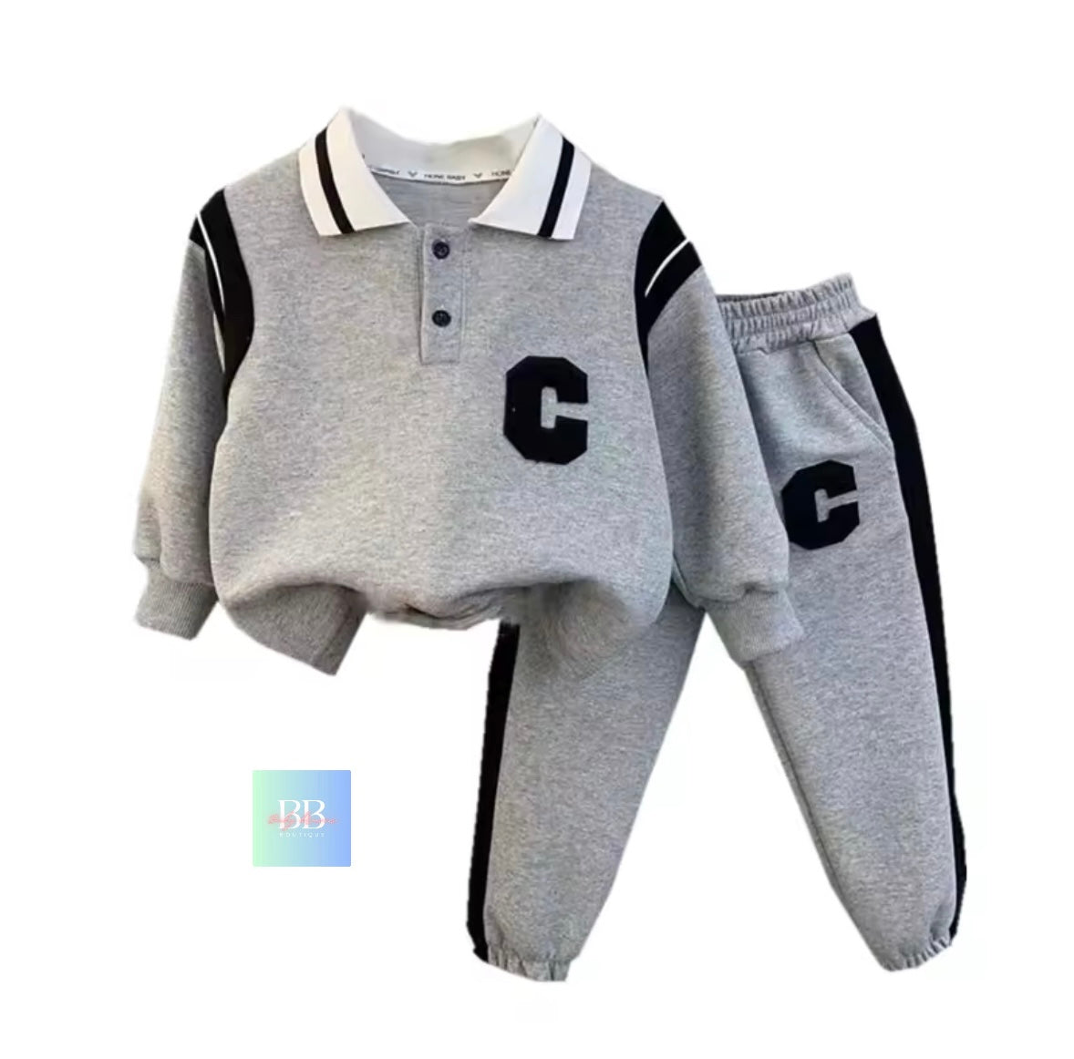 Gray children's outfit with black accents and letter 'C' on a white background