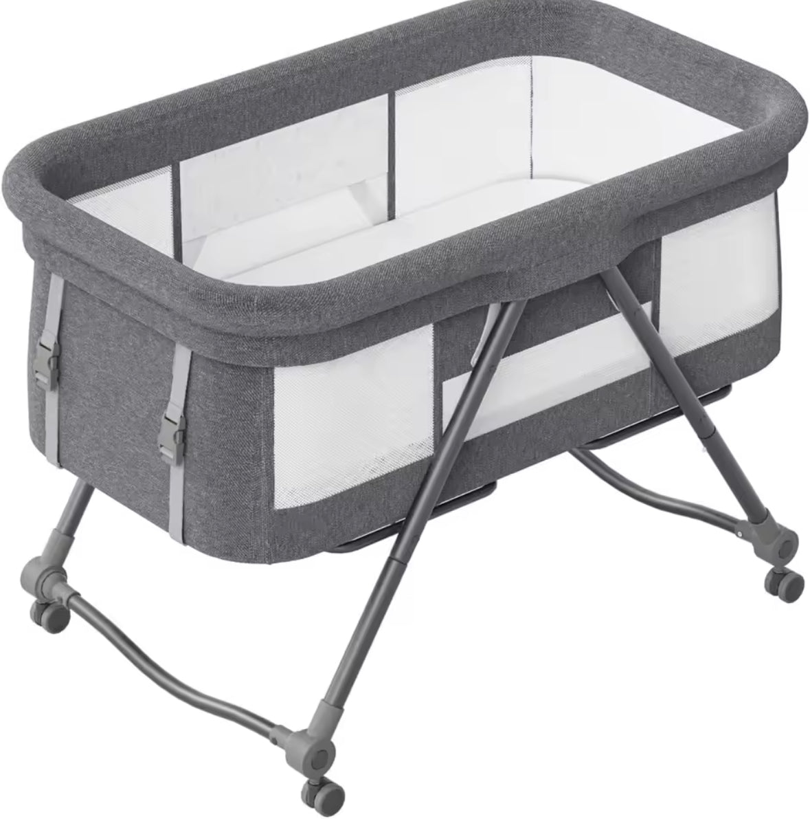 Gray baby crib with wheels on a white background