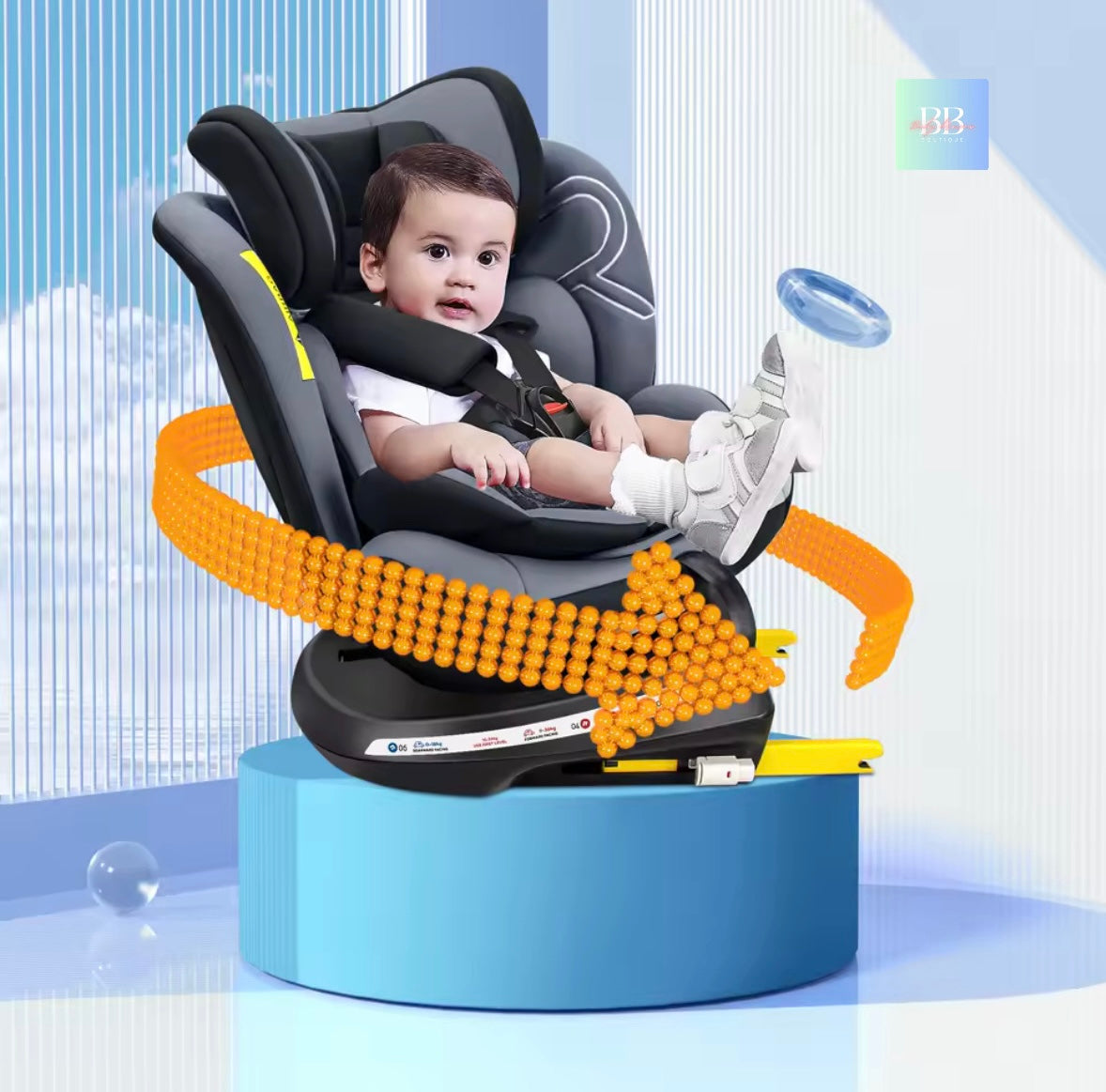 Child in a car seat with a blue and orange background