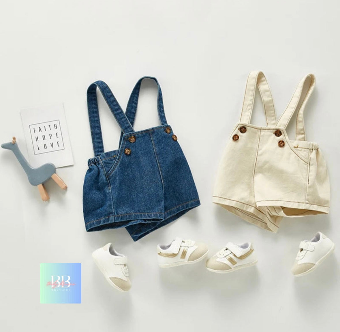 Baby/Toddler Short Denim Dungarees. 2 colours, 3M-3Y.