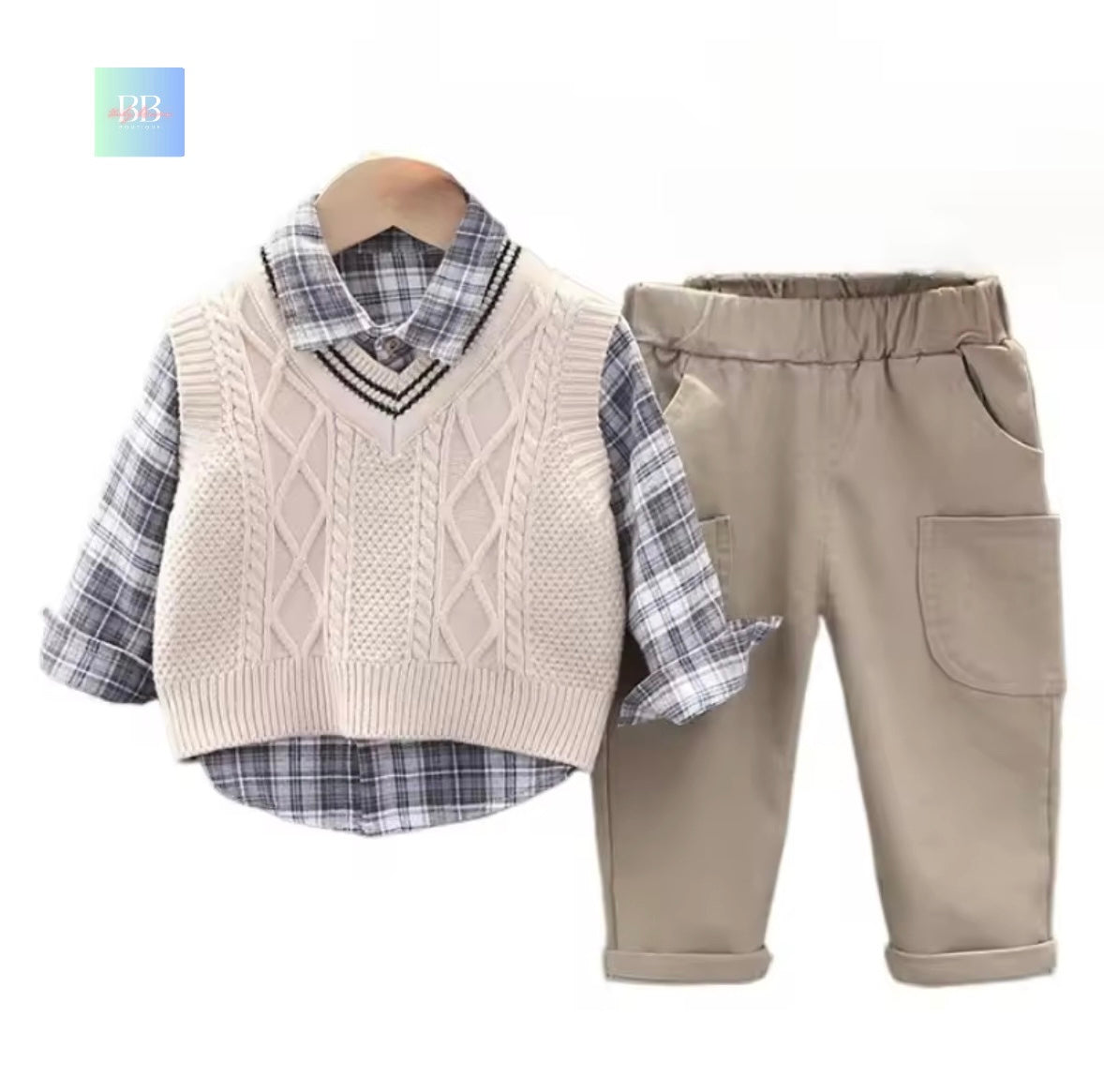 Children's outfit with vest, shirt, and pants on a white background