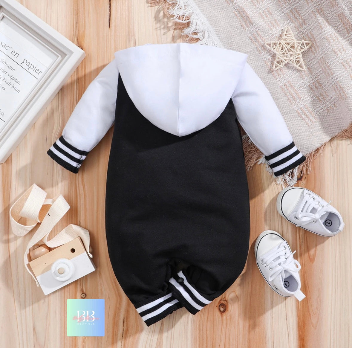 Baby Boys Baseball Romper, Long Sleeve with Hood 0-18M
