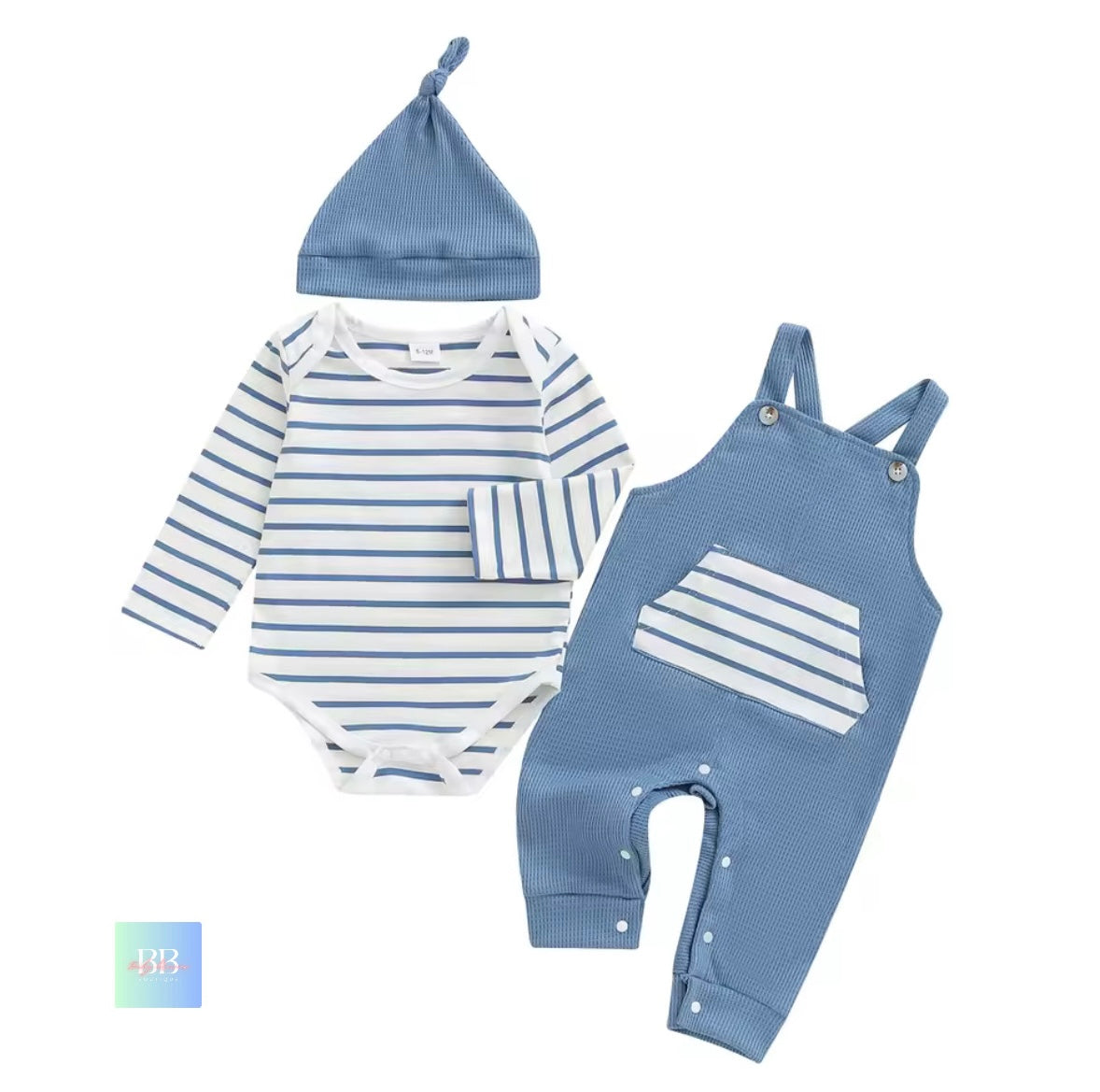 Baby outfit set with striped onesie, blue overalls, and matching hat on a white background