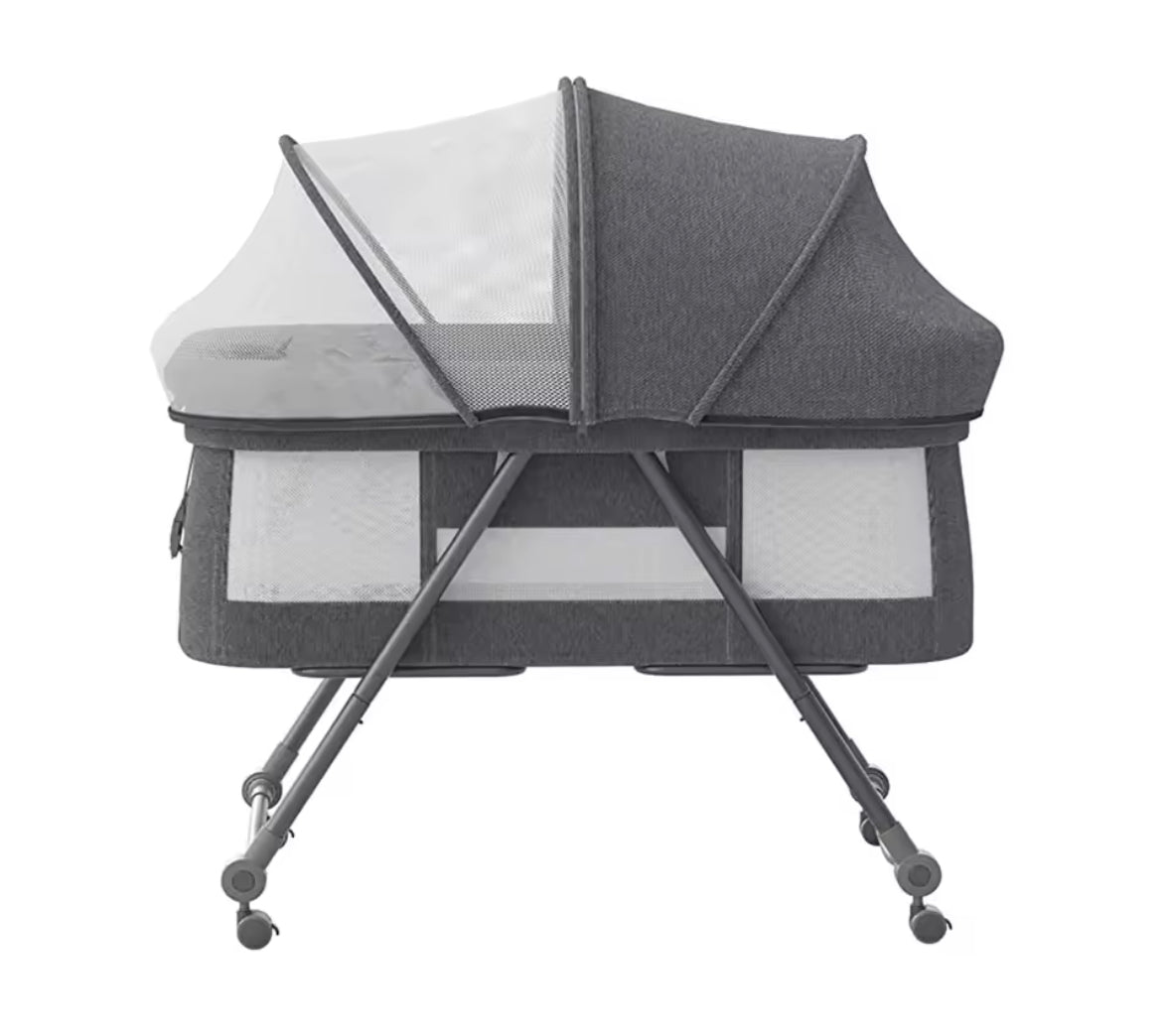 Gray baby crib with mesh sides on a white background