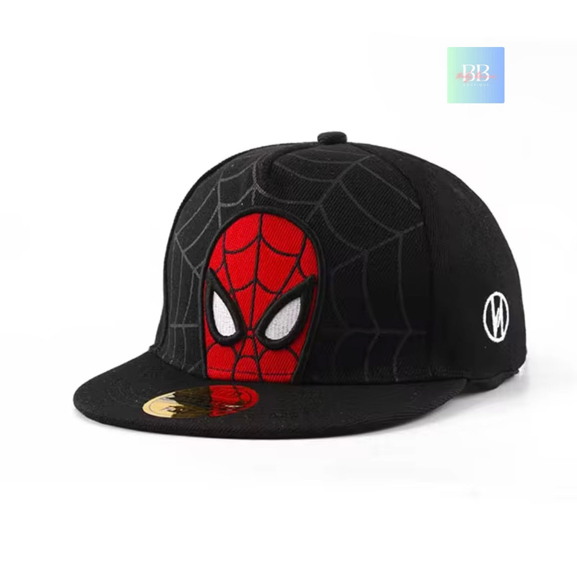 Black cap with Spider-Man face design on a white background
