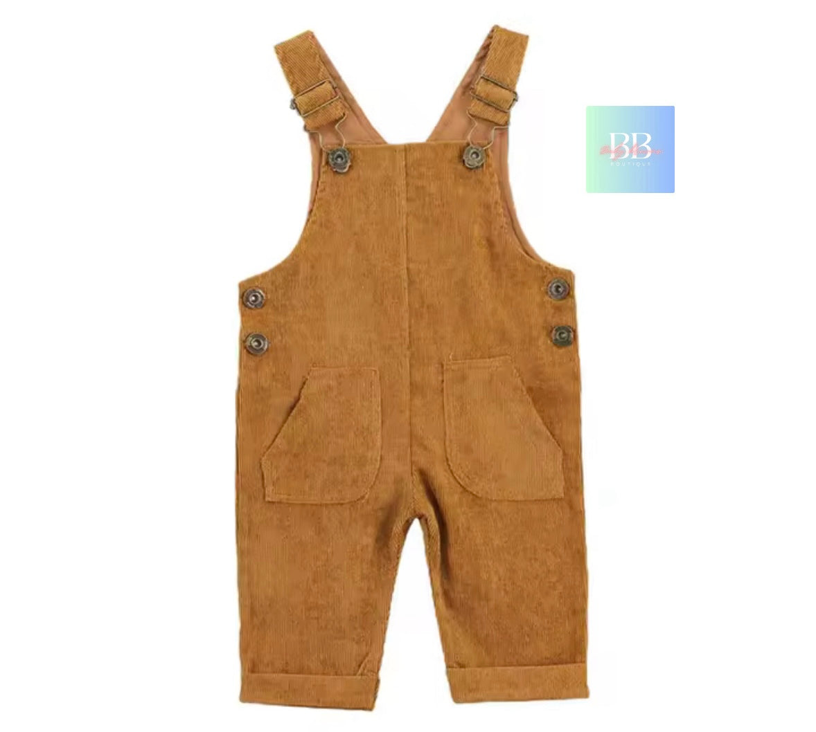 Brown corduroy overalls on a white background