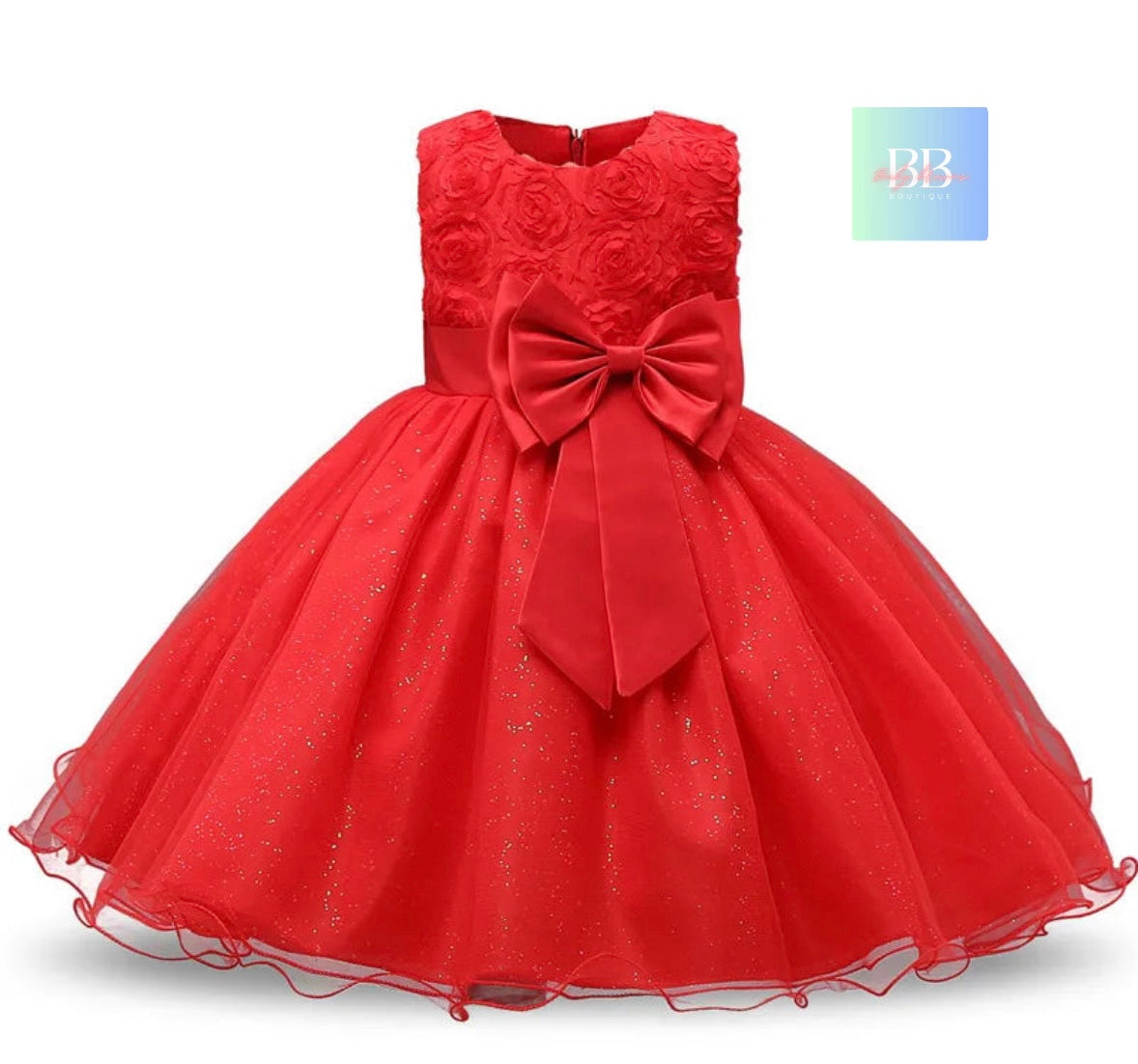 kids Lace Formal Dress with Flower Design, front Bow & Mesh Skirt. 5 colours, 4-10Y.