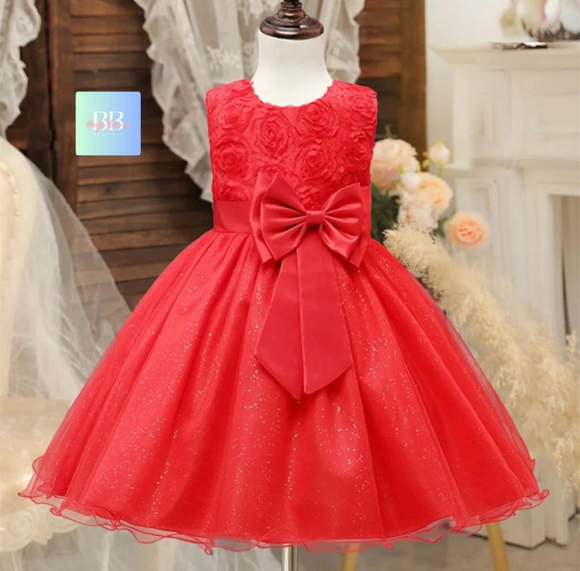 kids Lace Formal Dress with Flower Design, front Bow & Mesh Skirt. 5 colours, 4-10Y.