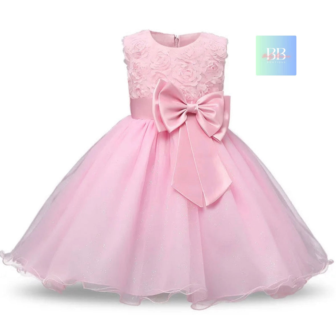 kids Lace Formal Dress with Flower Design, front Bow & Mesh Skirt. 5 colours, 4-10Y.