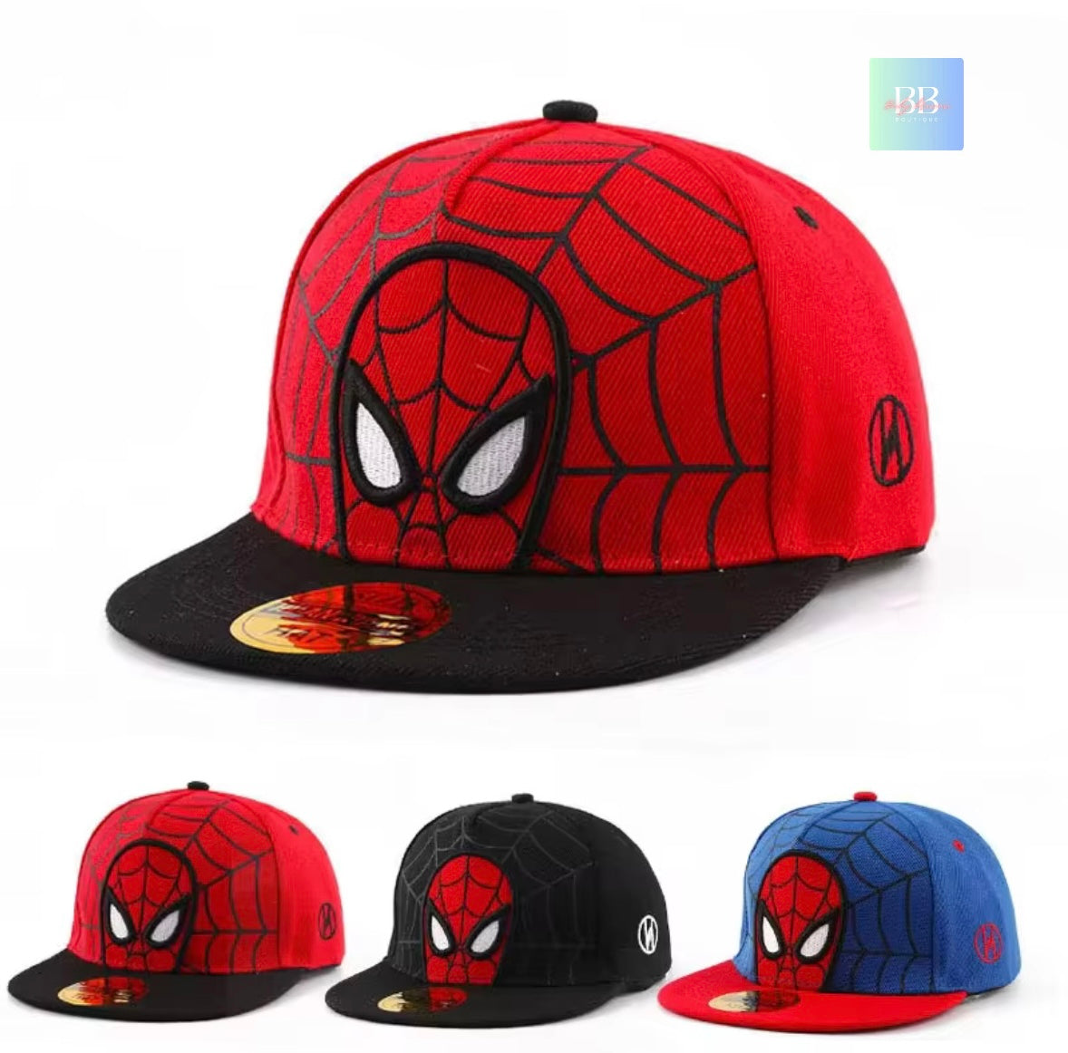 Spider-Man themed baseball cap with red and black design on a white background