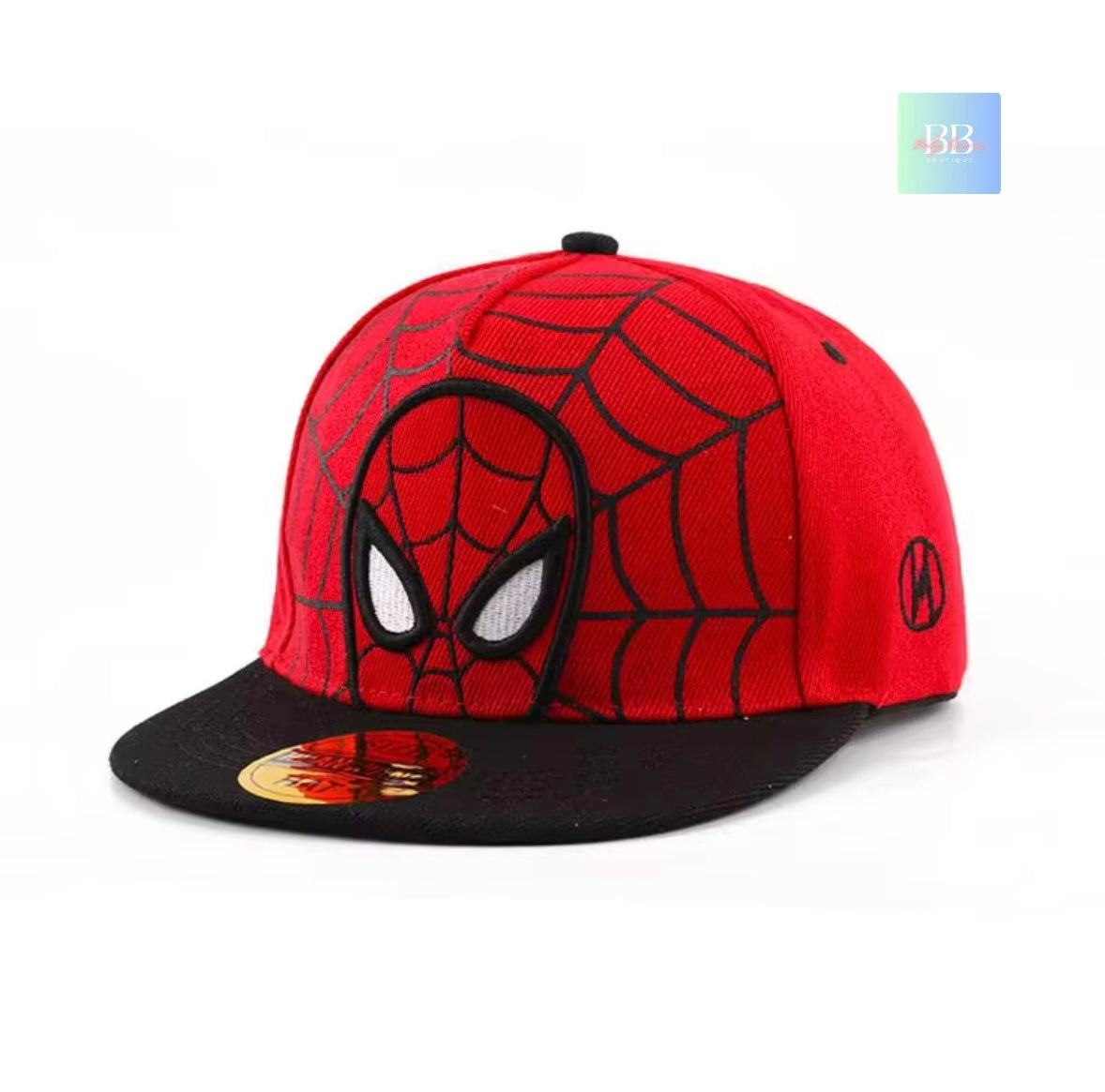 Red and black Spider-Man cap on a white background