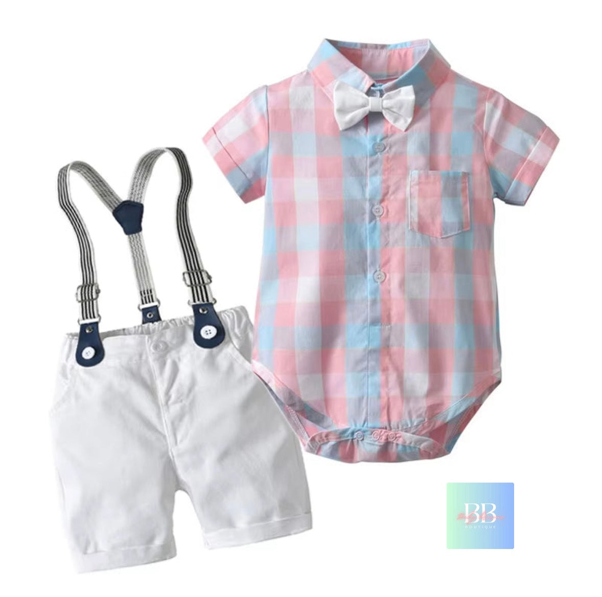 Baby/Toddler Formal Outfit. Short Dungarees, Shirt Style Romper with Bow Tie. 8 colours, 3-24M.
