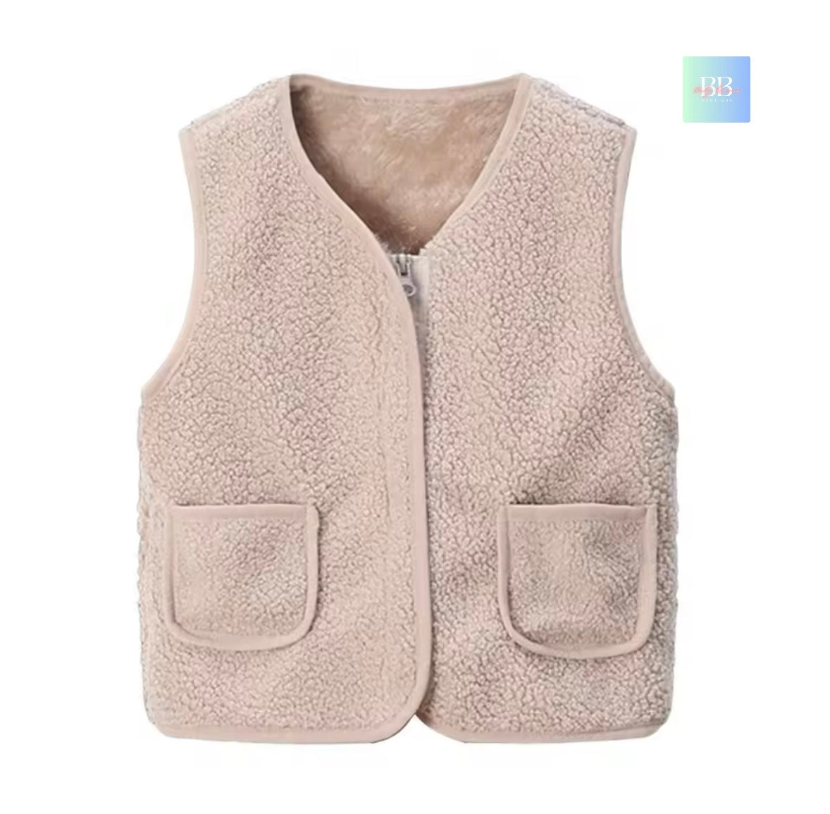 Beige fleece vest with two front pockets on a white background