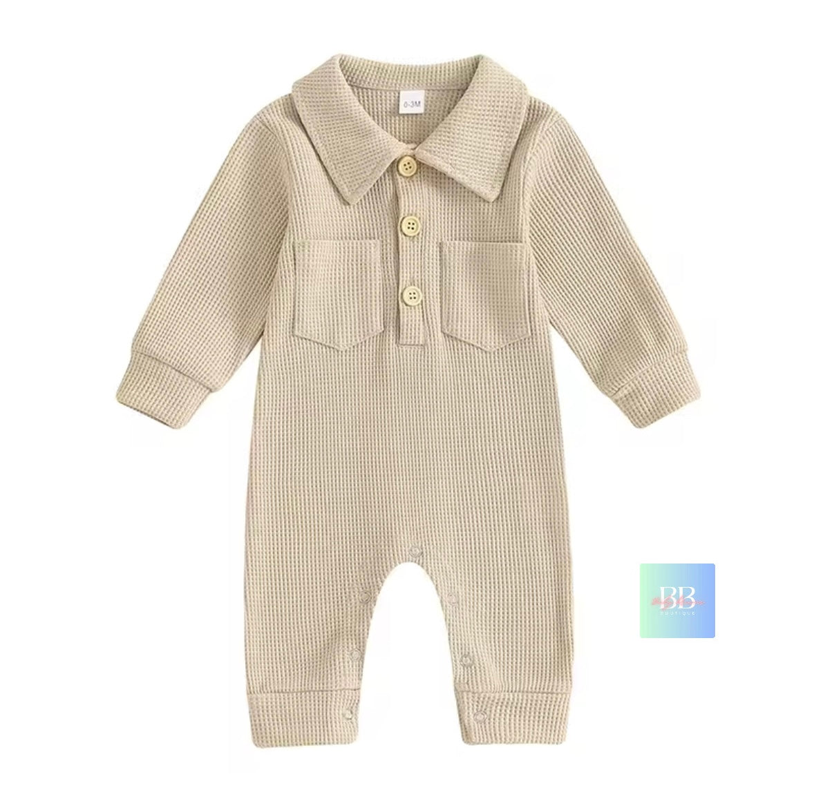 Beige checkered baby romper with collar on a white background