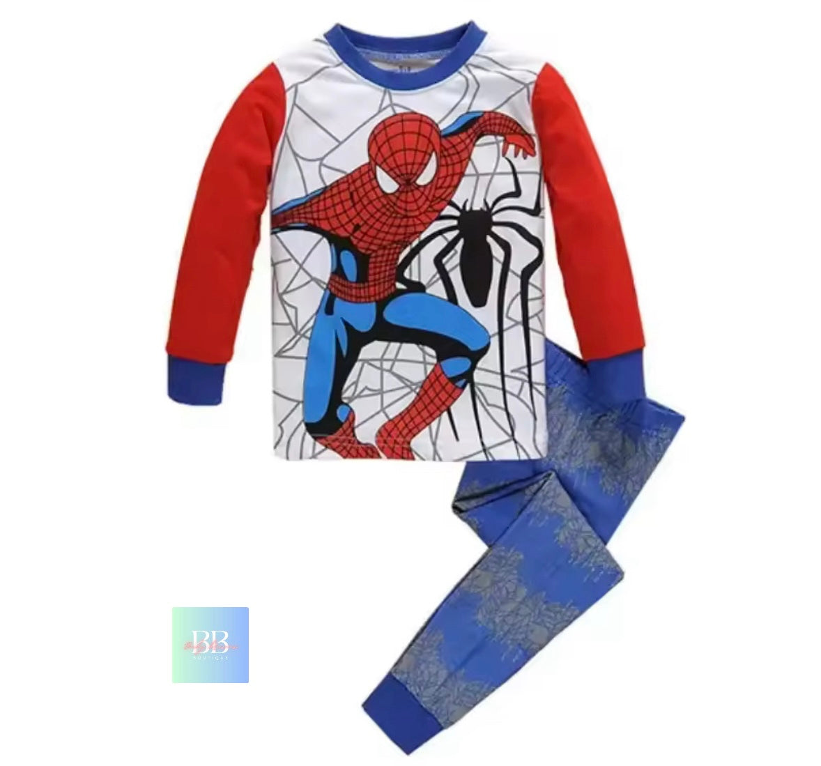 Spider-Man pajama set with long-sleeve top and pants on a white background