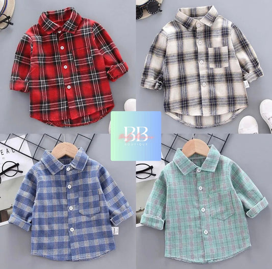 Kids Autumn/Winter Cotton Check Shirt, Long Sleeve. Boys/Girls, 12M-5Y, 5 Colours