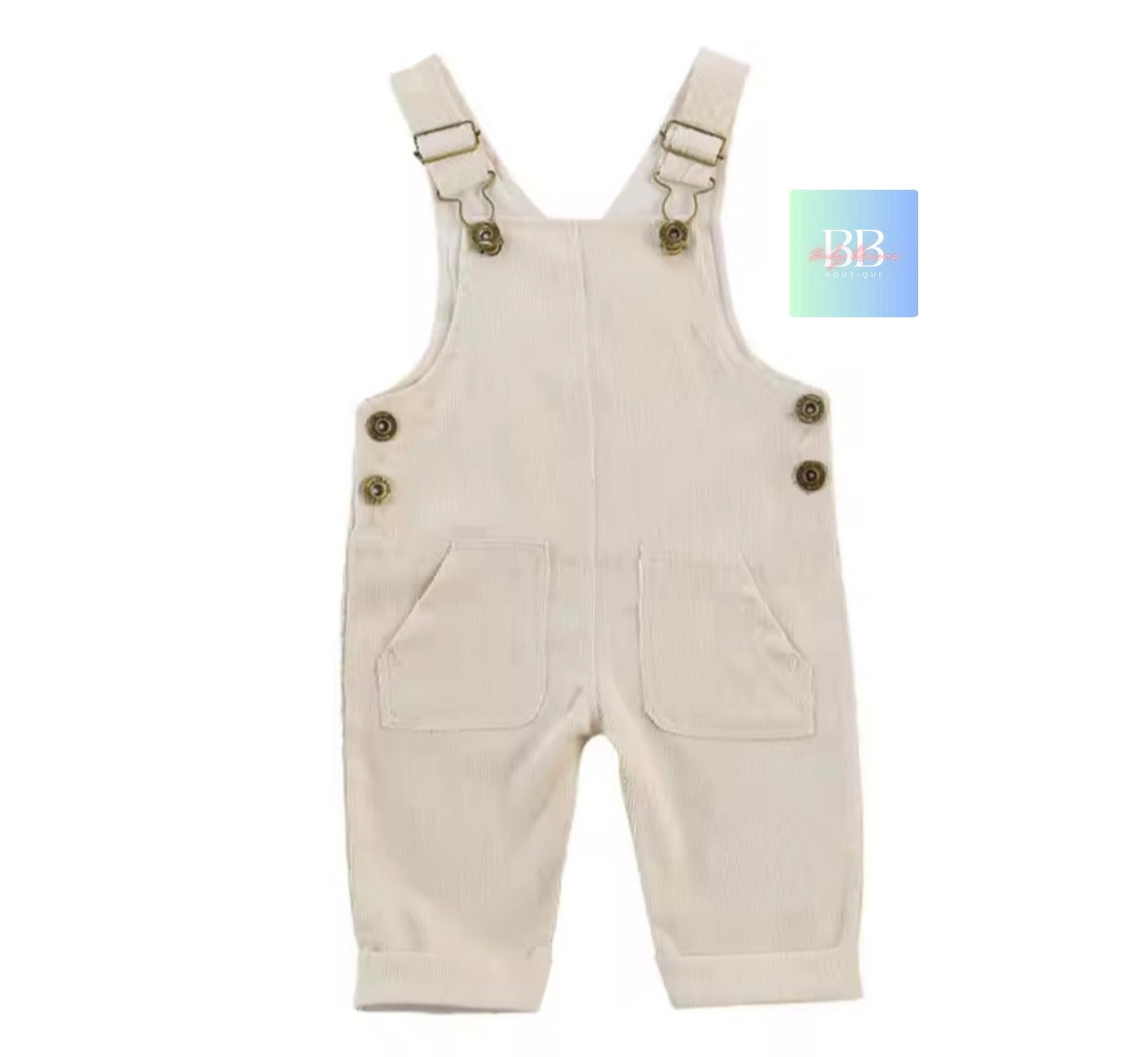 Beige overalls with button details on a white background