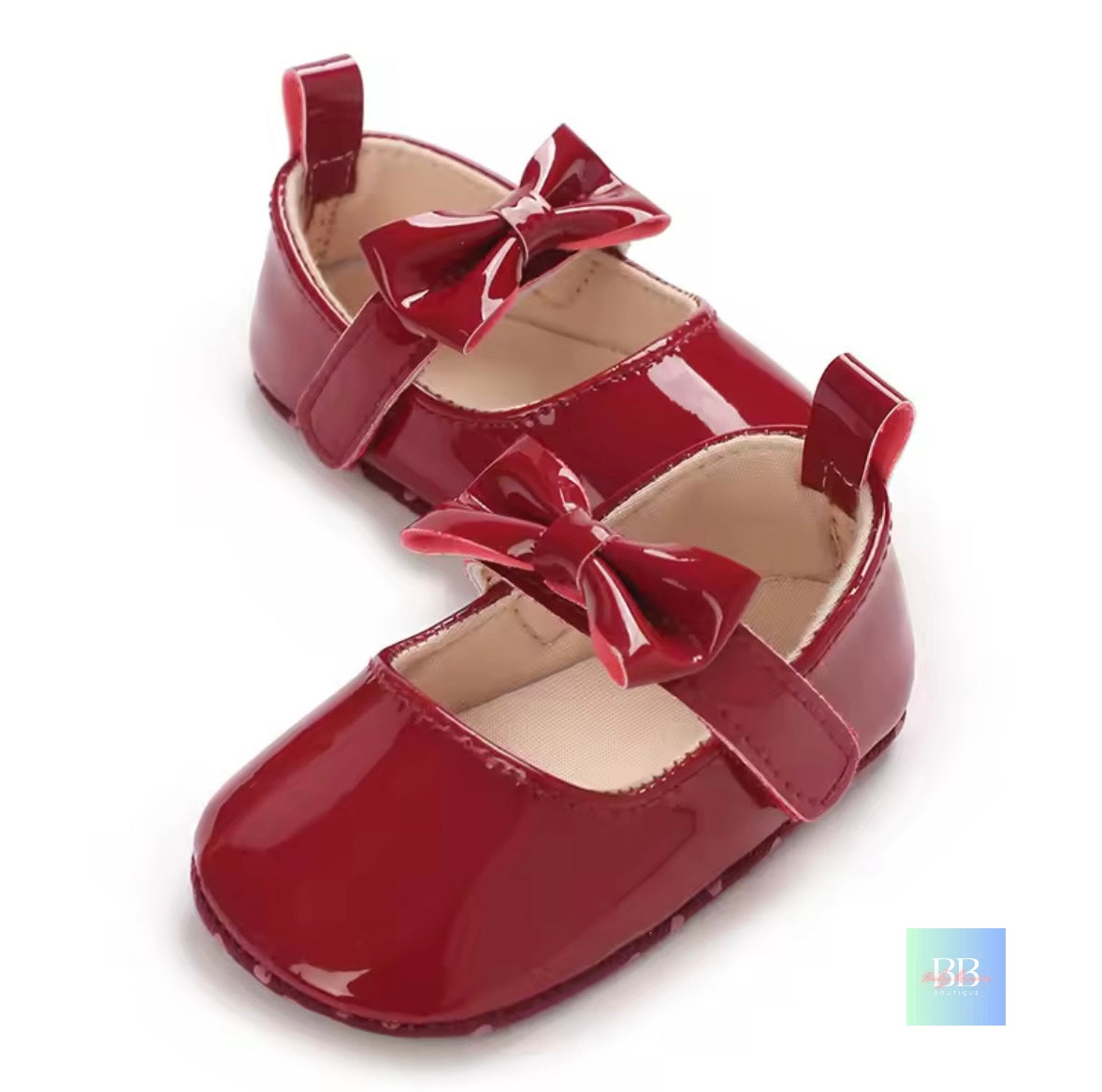 Patent Baby Shoes with Bowknot Velcro Strap. 6 Colours, 0-18M