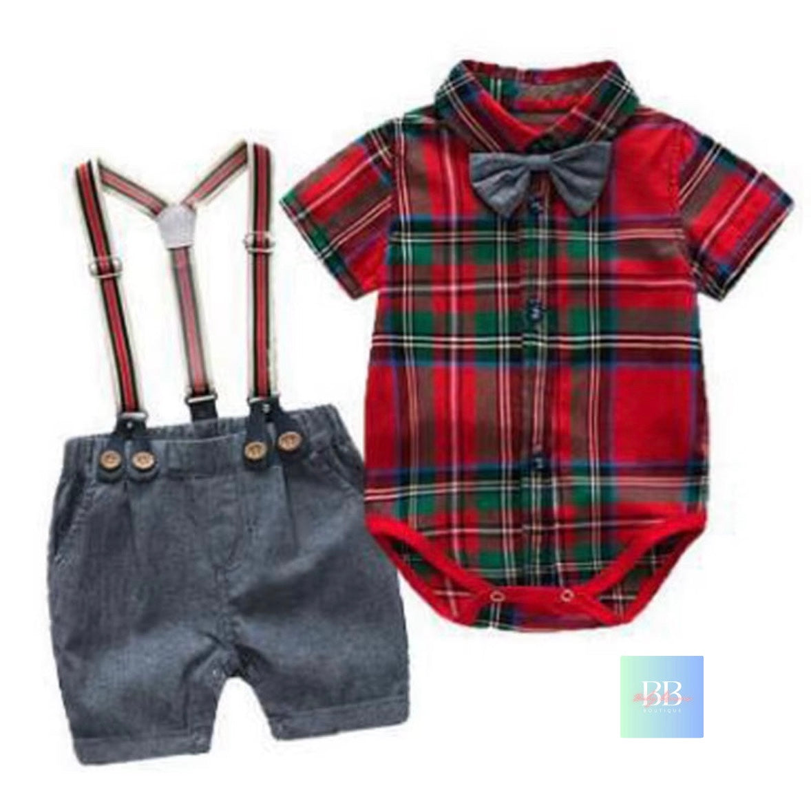 Baby/Toddler Formal Outfit. Short Dungarees, Shirt Style Romper with Bow Tie. 8 colours, 3-24M.