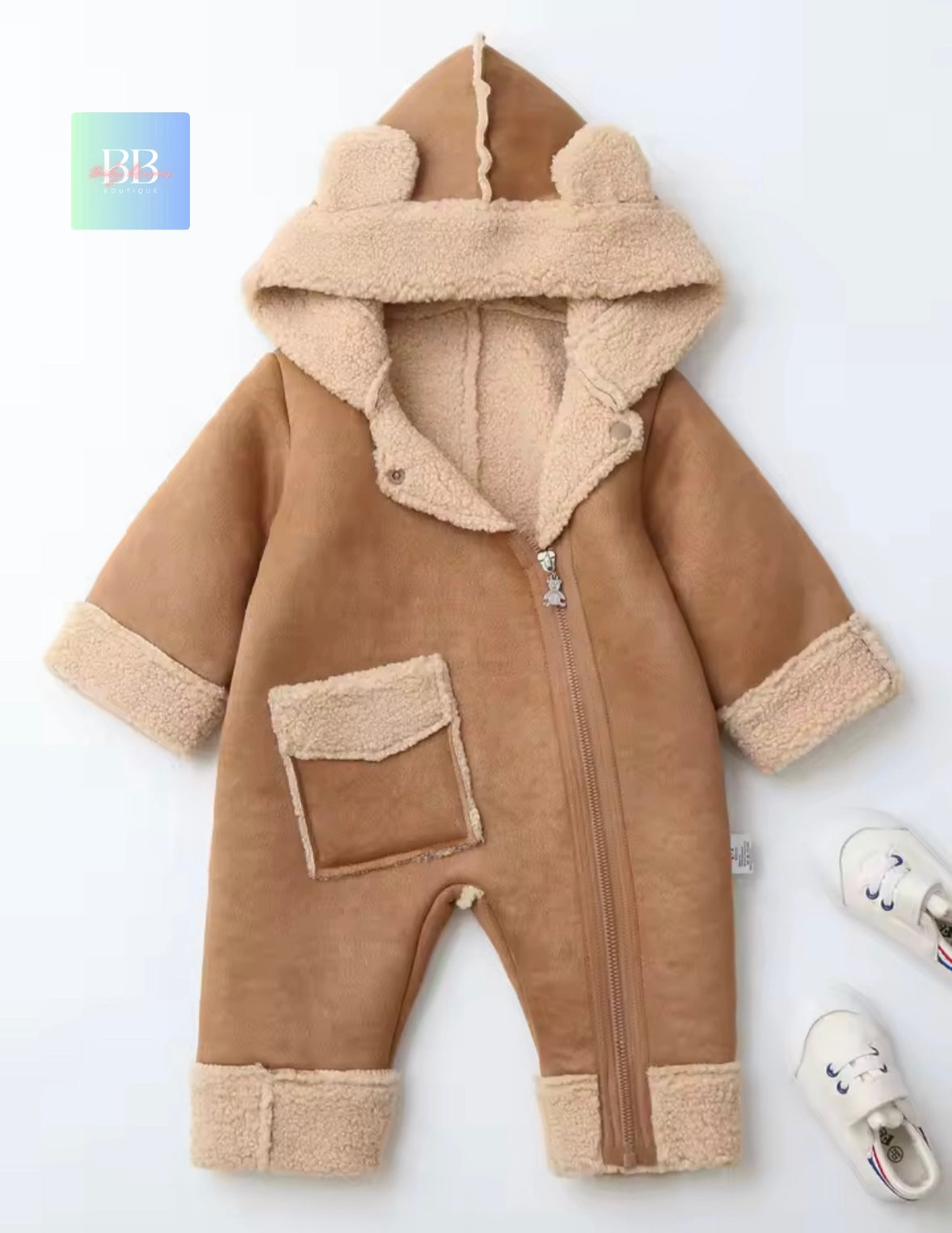 Brown baby onesie with fur trim on a white background