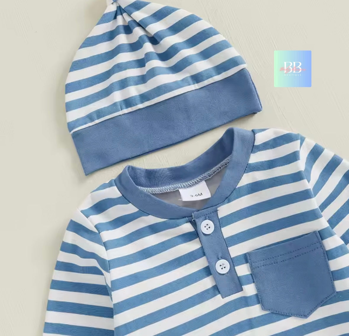 Baby/Toddler Striped Long Sleeve Romper & Pants Set with Matching Hat. 3-18M