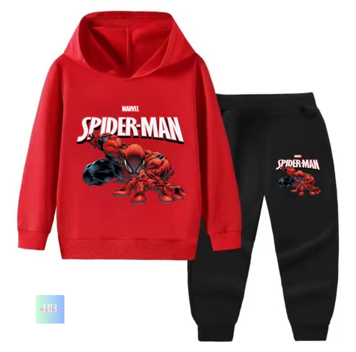 Red Spider-Man hoodie and black pants set on a white background