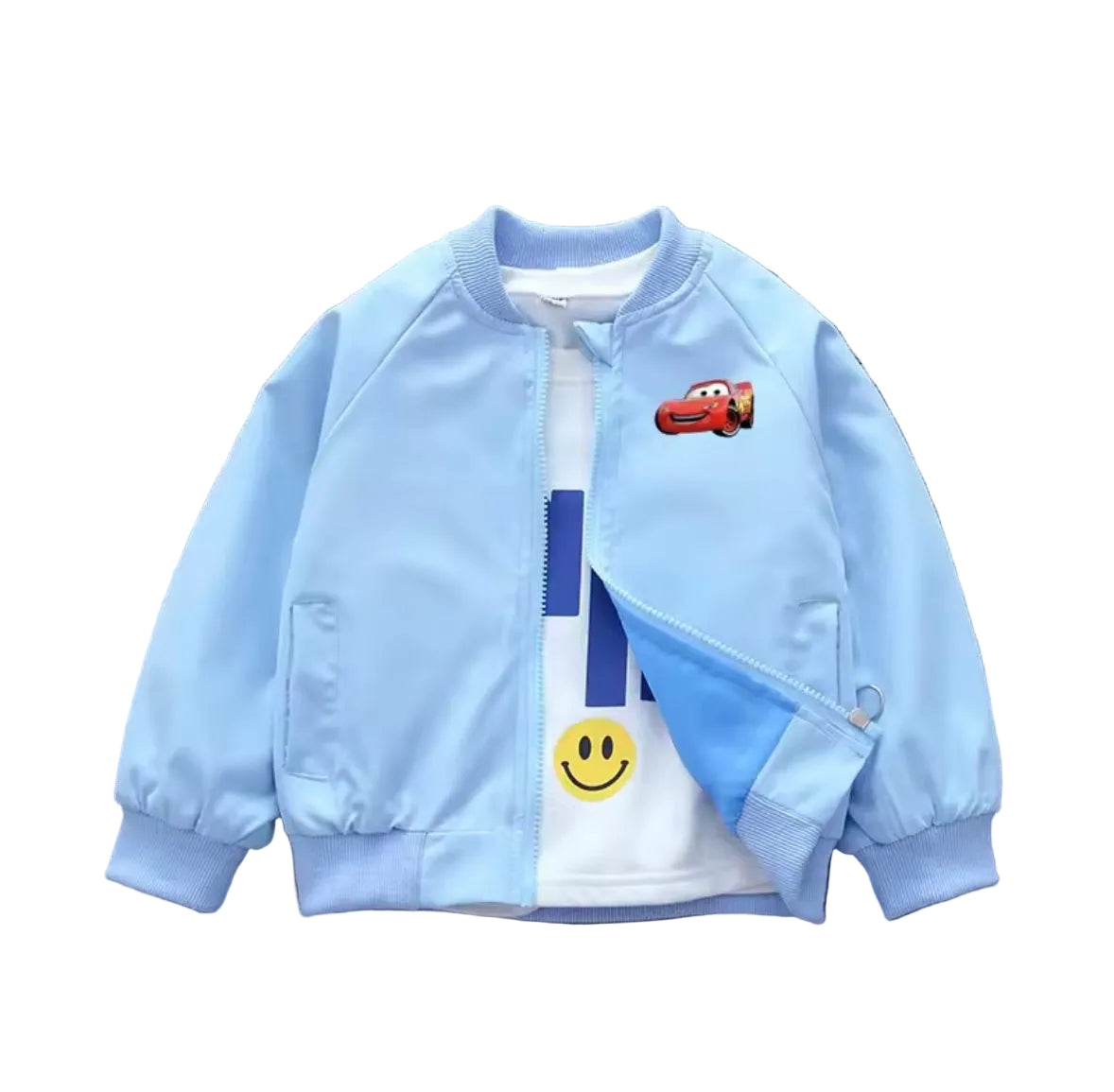 Light blue children's jacket with cartoon character and smiley face design on a gray background