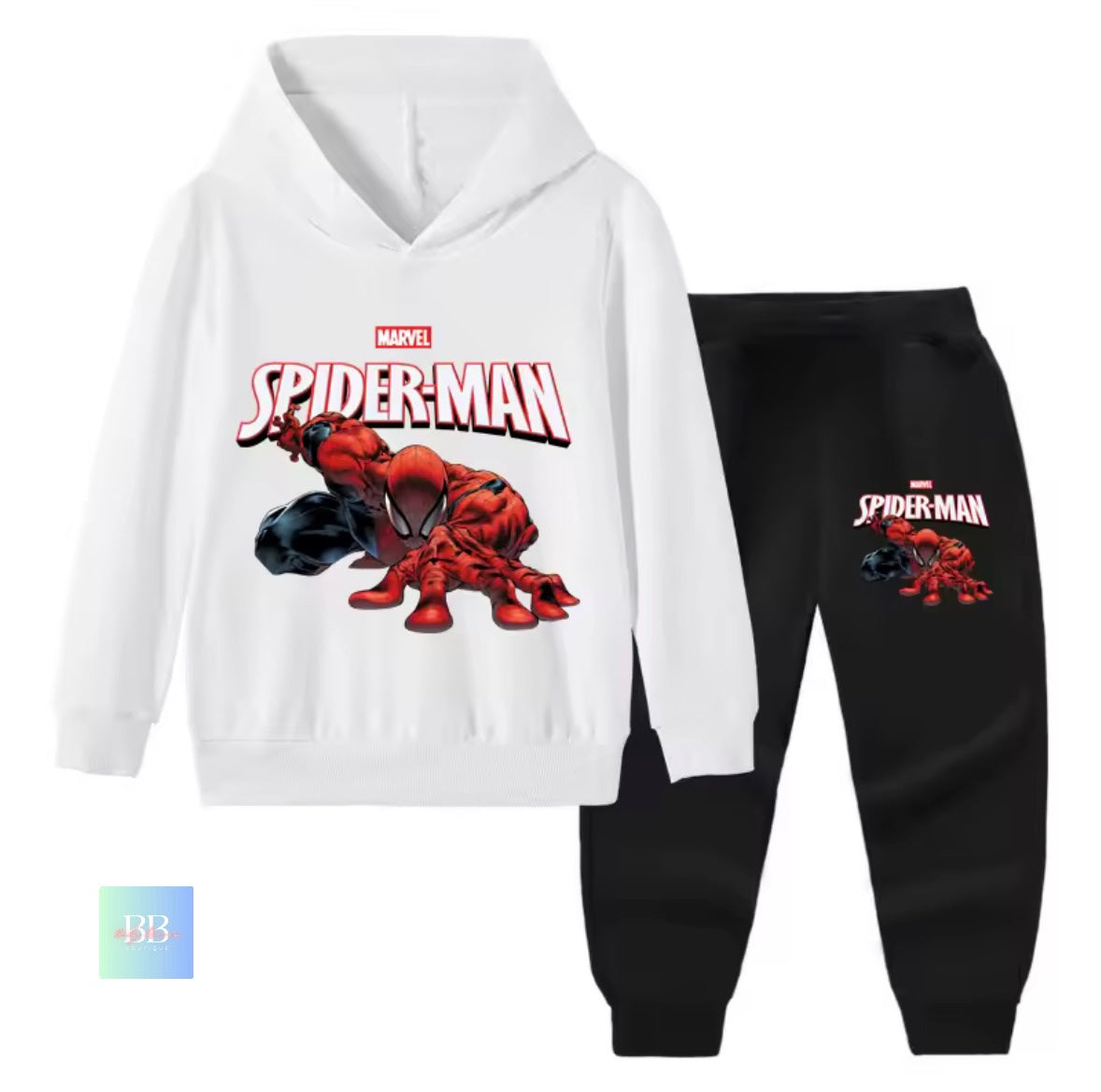 Spider-Man hoodie and pants set with Marvel logo on a white background