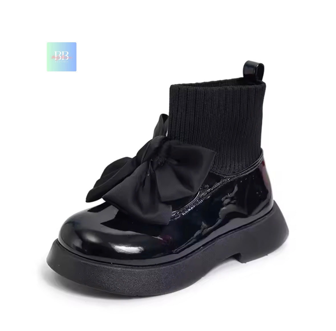 Black shiny ankle boot with a large bow on a white background