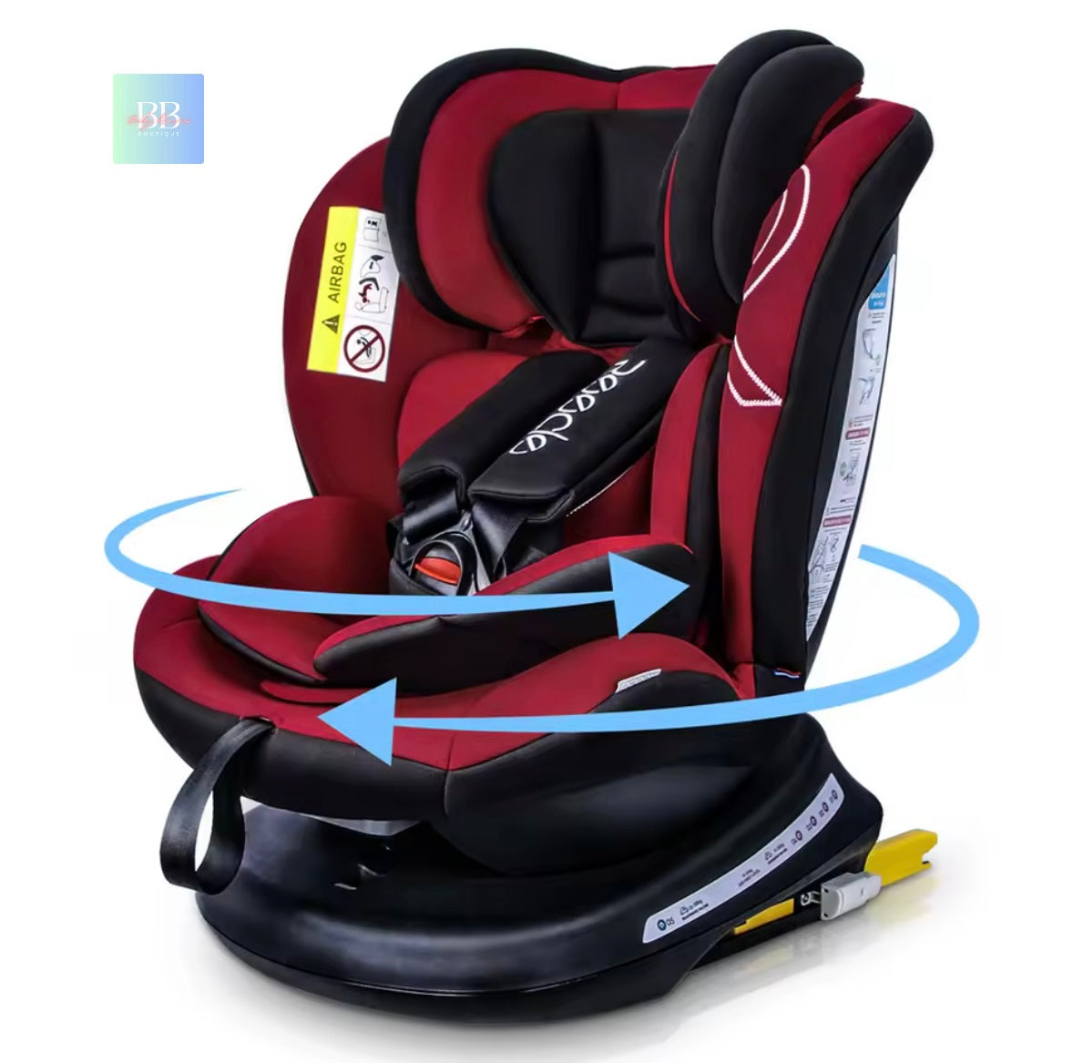 Red and black car seat with blue arrows indicating movement on a white background