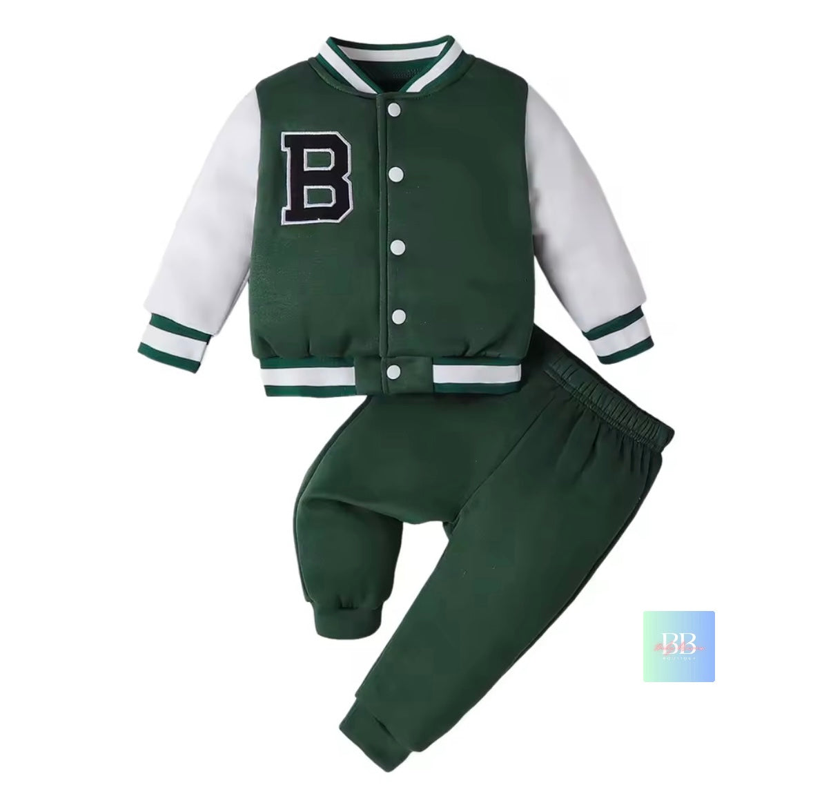 Green varsity jacket and pants set on a white background