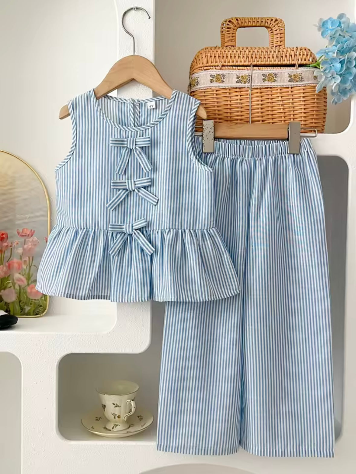 Kids Girls Pinstripe Sleeveless Bowknot Top & Wide Leg Trousers. 2 Colours 3-7Y