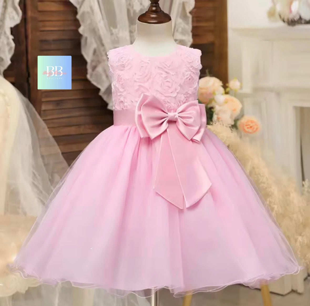 kids Lace Formal Dress with Flower Design, front Bow & Mesh Skirt. 5 colours, 4-10Y.