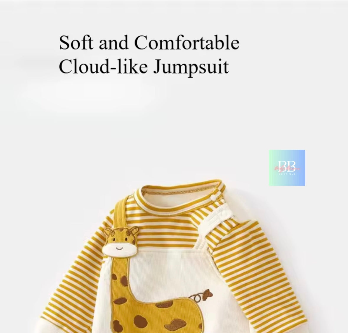 Children's soft and comfortable cloud-like jumpsuit with striped pattern and giraffe design on a white background.