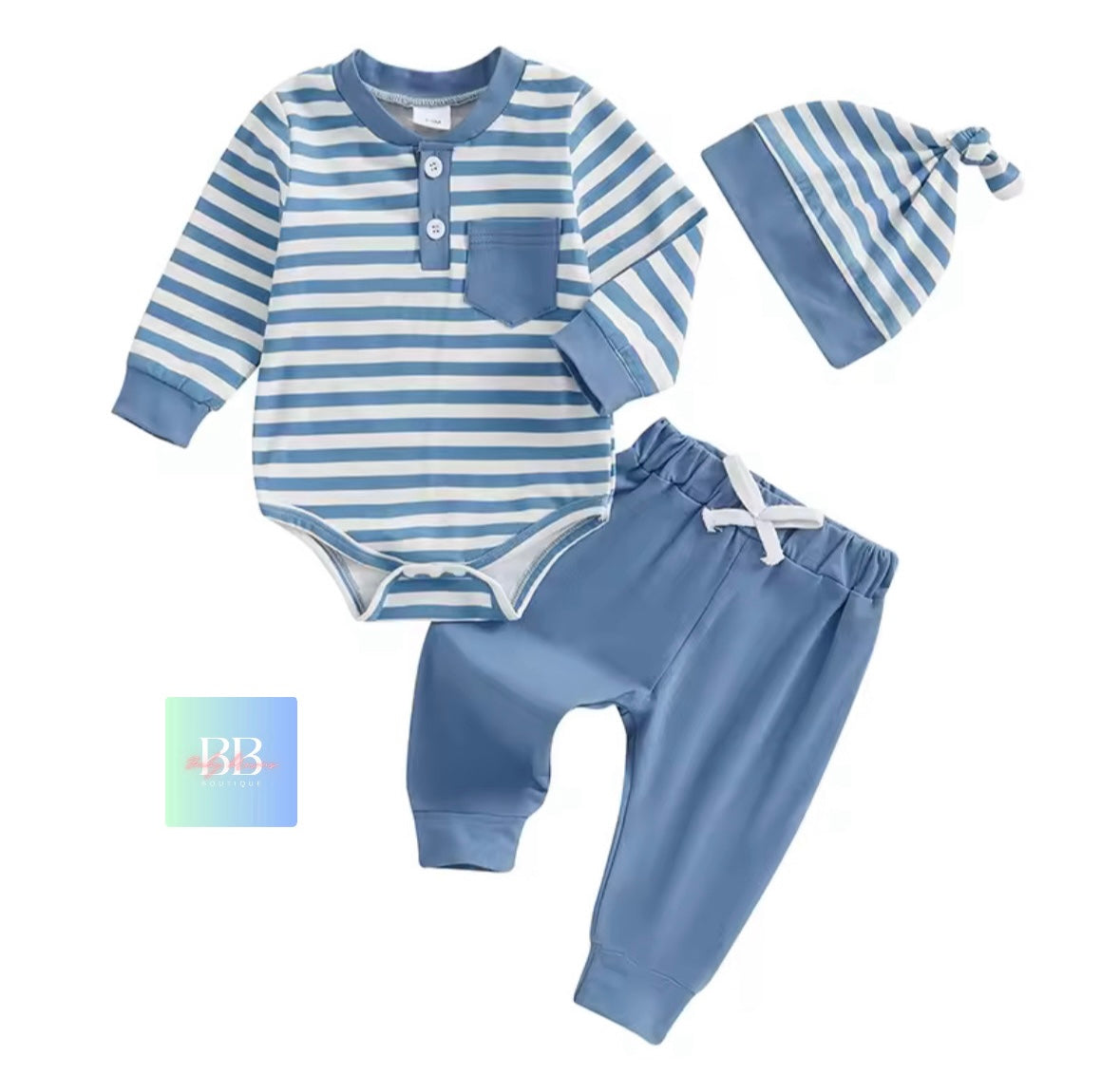 Baby/Toddler Striped Long Sleeve Romper & Pants Set with Matching Hat. 3-18M