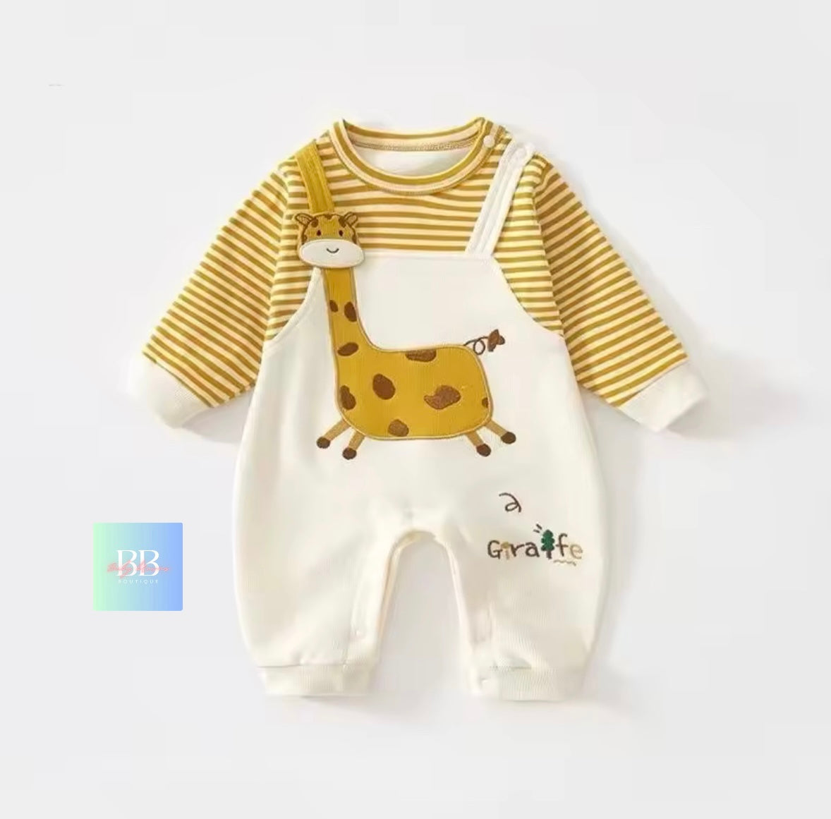 Baby romper with striped shirt and giraffe design on a white background