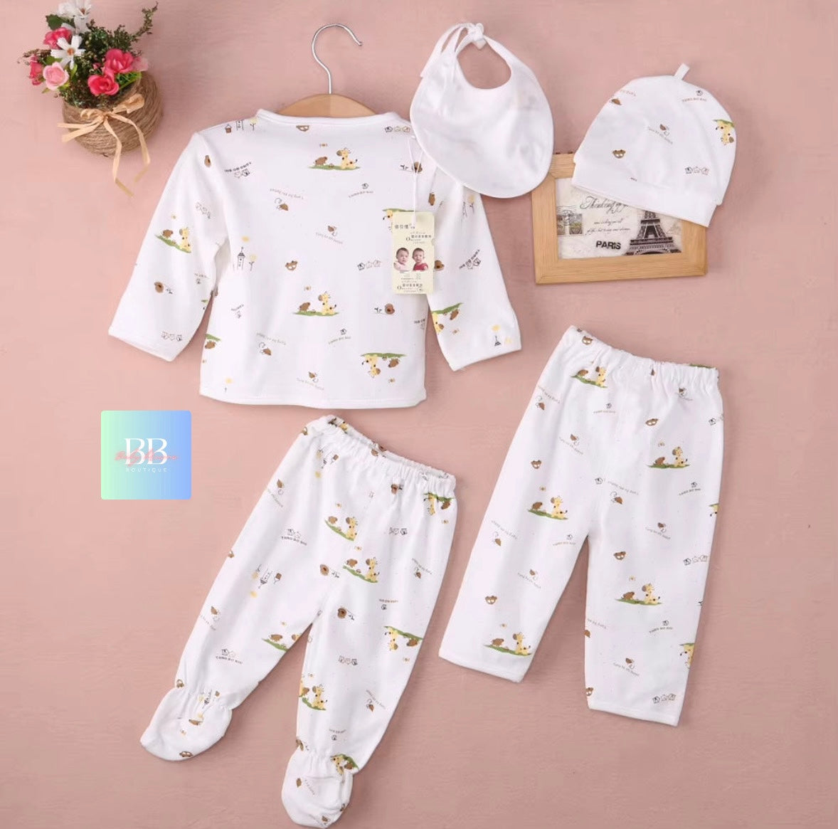 Baby Unisex Pyjamas with Animal Print Shirt & Pants. 0-3M, 3 Colours!